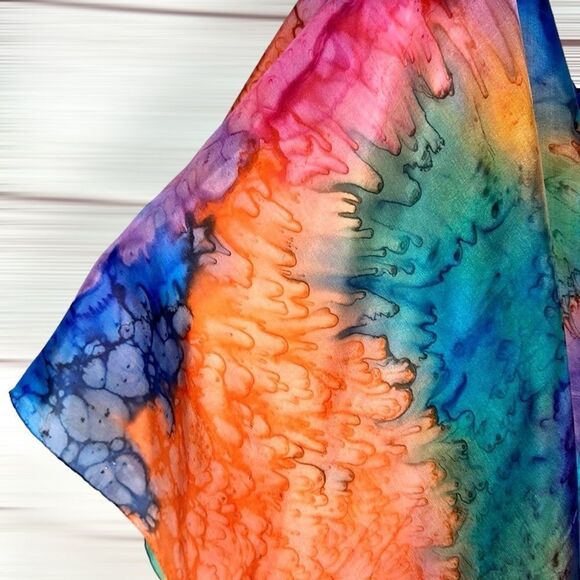 Silk Square Scarf by Lotus Watercolor Tie Dye 35" Blue Orange Green Hand Rolled - Picture 6 of 11